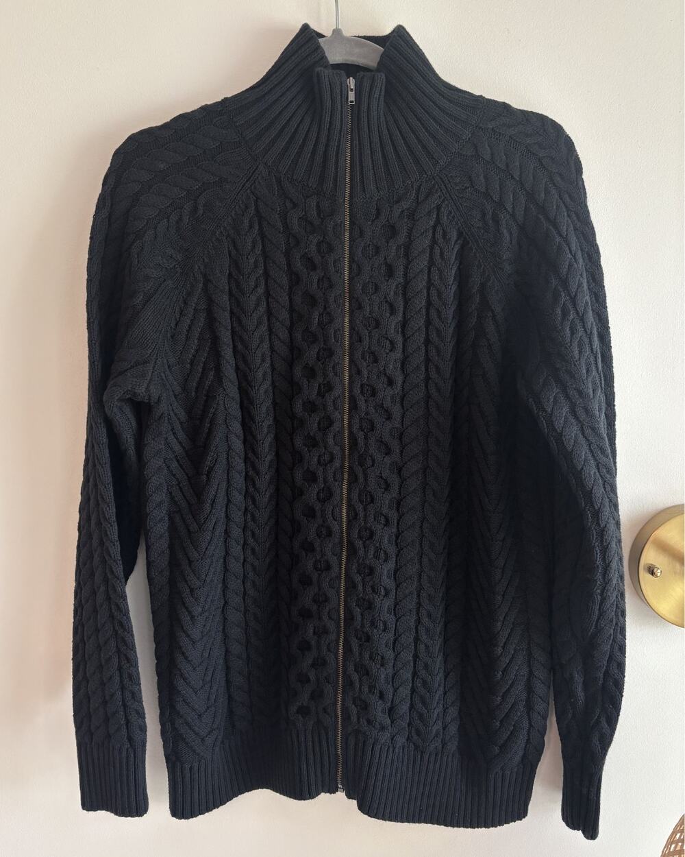 Lands' End Cable Knit Full Zip Sweater Black Mock Neck Cotton Cardigan